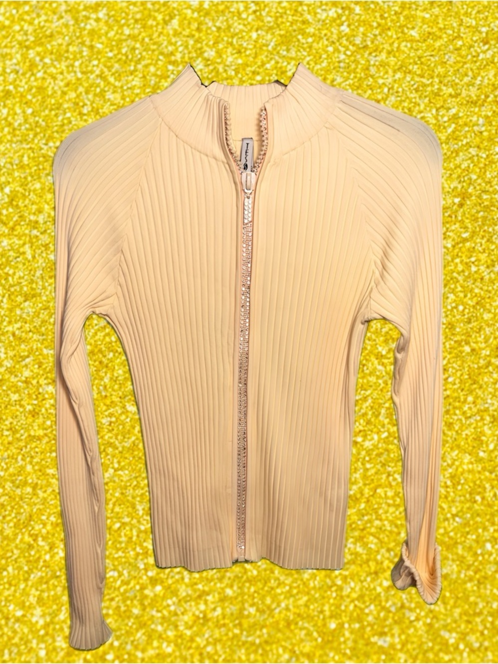 Tesori Ribbed Rhinestone Zip Up Sweater Top